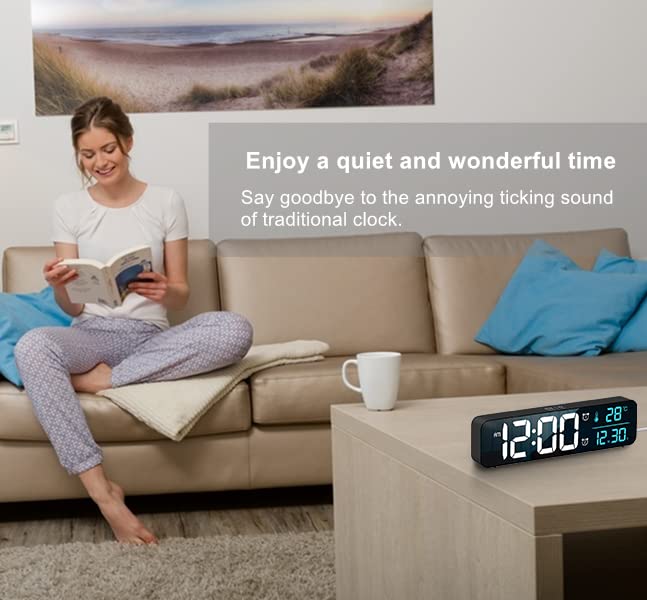 Digital Clock Large Display, Alarm Clock for Living Room Office Bedroom Decor, LED Corded Electric, Date Temp Display Wall Clock, Automatic Brightness Dimmer Smart Cool Modern Desk Accessories Black