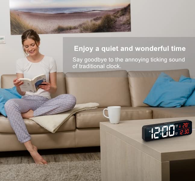 Digital Clock Large Display, Alarm Clock for Living Room Office Bedroom Decor, LED Corded Electric, Date Temp Display Wall Clock, Automatic Brightness Dimmer Smart Cool Modern Desk Accessories Black