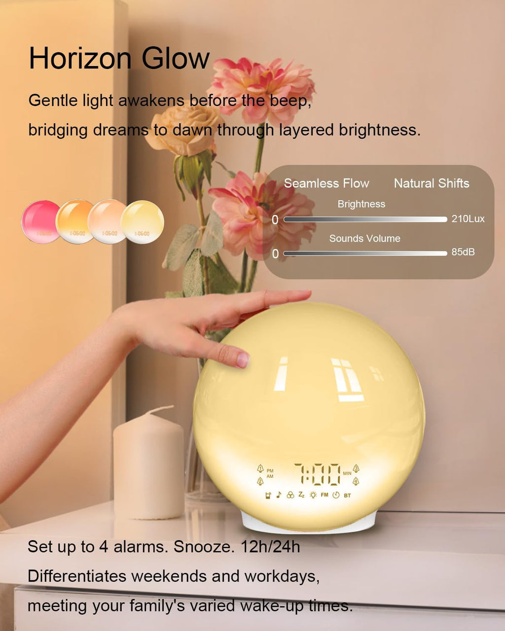 BIB_WJ Smart Sunrise Alarm Clock with No Signup APP Control & Wake-Up Light, 4 Alarms, White Noise, FM Radio, Wireless Speaker, White