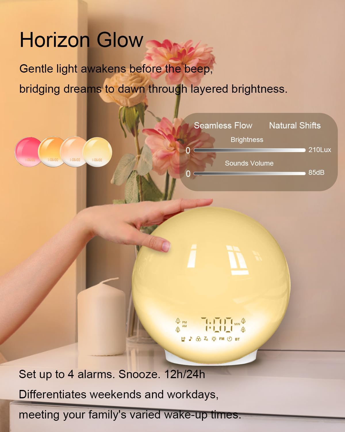 BIB_WJ Smart Sunrise Alarm Clock with No Signup APP Control & Wake-Up Light, 4 Alarms, White Noise, FM Radio, Wireless Speaker, White