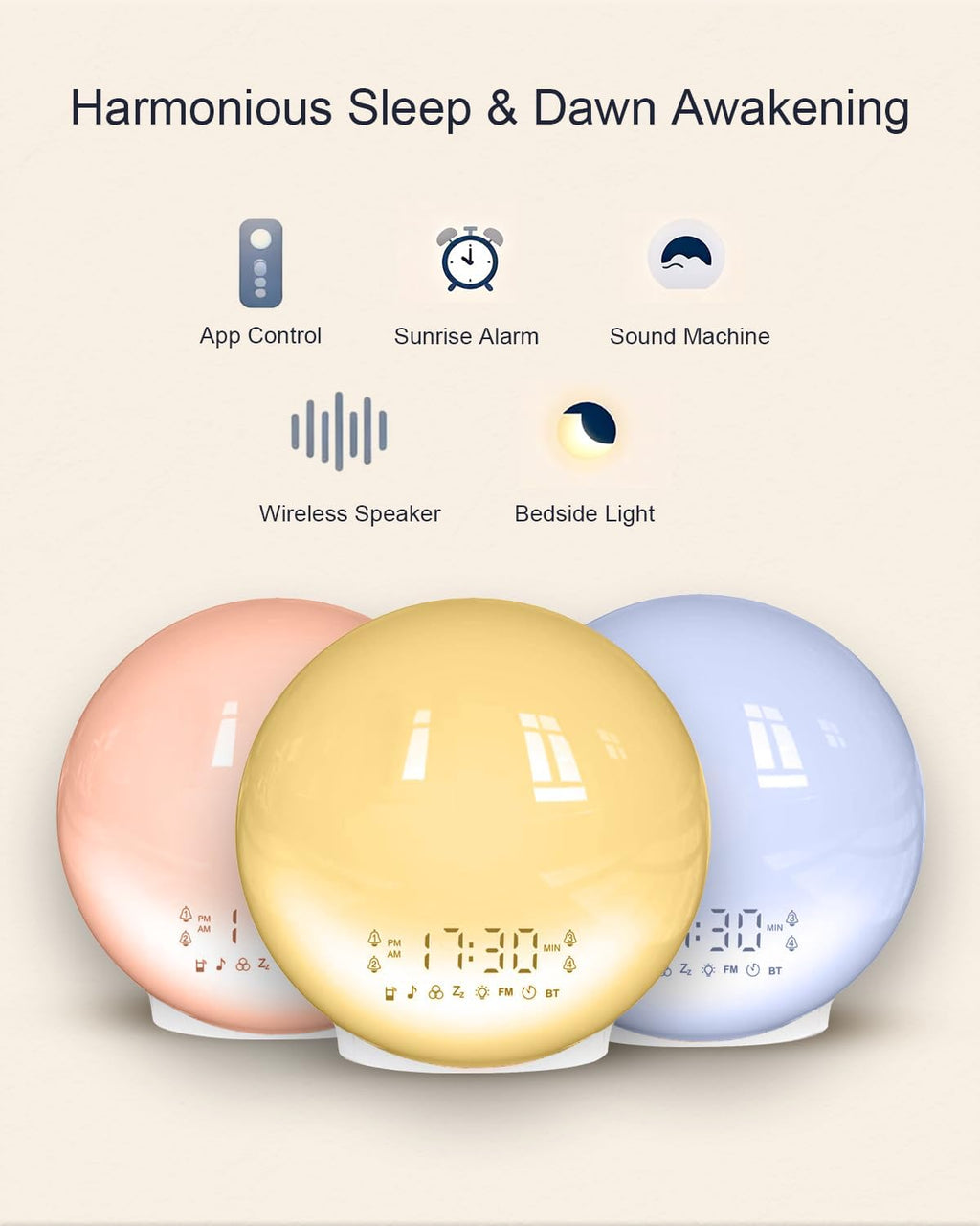 BIB_WJ Smart Sunrise Alarm Clock with No Signup APP Control & Wake-Up Light, 4 Alarms, White Noise, FM Radio, Wireless Speaker, White