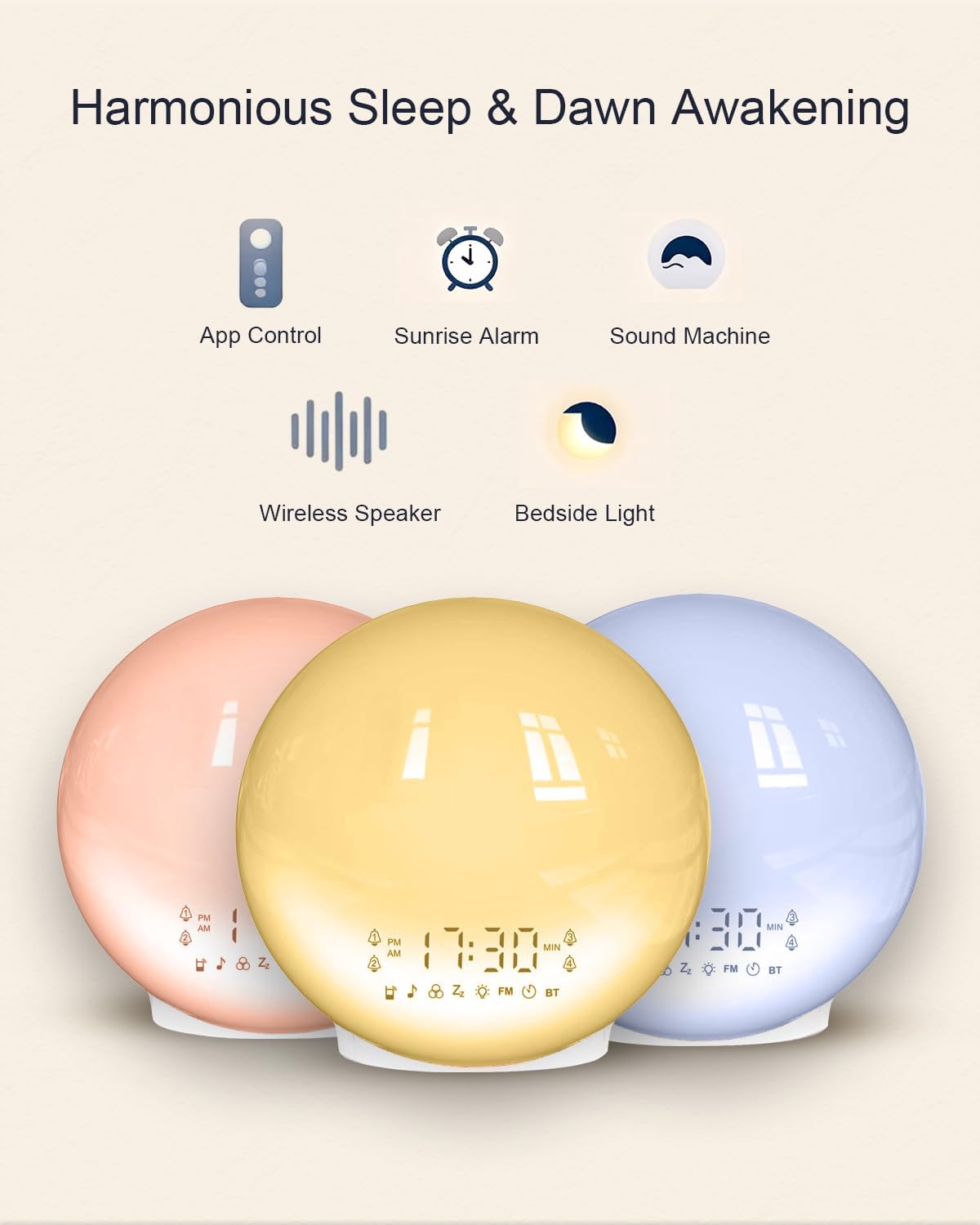 BIB_WJ Smart Sunrise Alarm Clock with No Signup APP Control & Wake-Up Light, 4 Alarms, White Noise, FM Radio, Wireless Speaker, White
