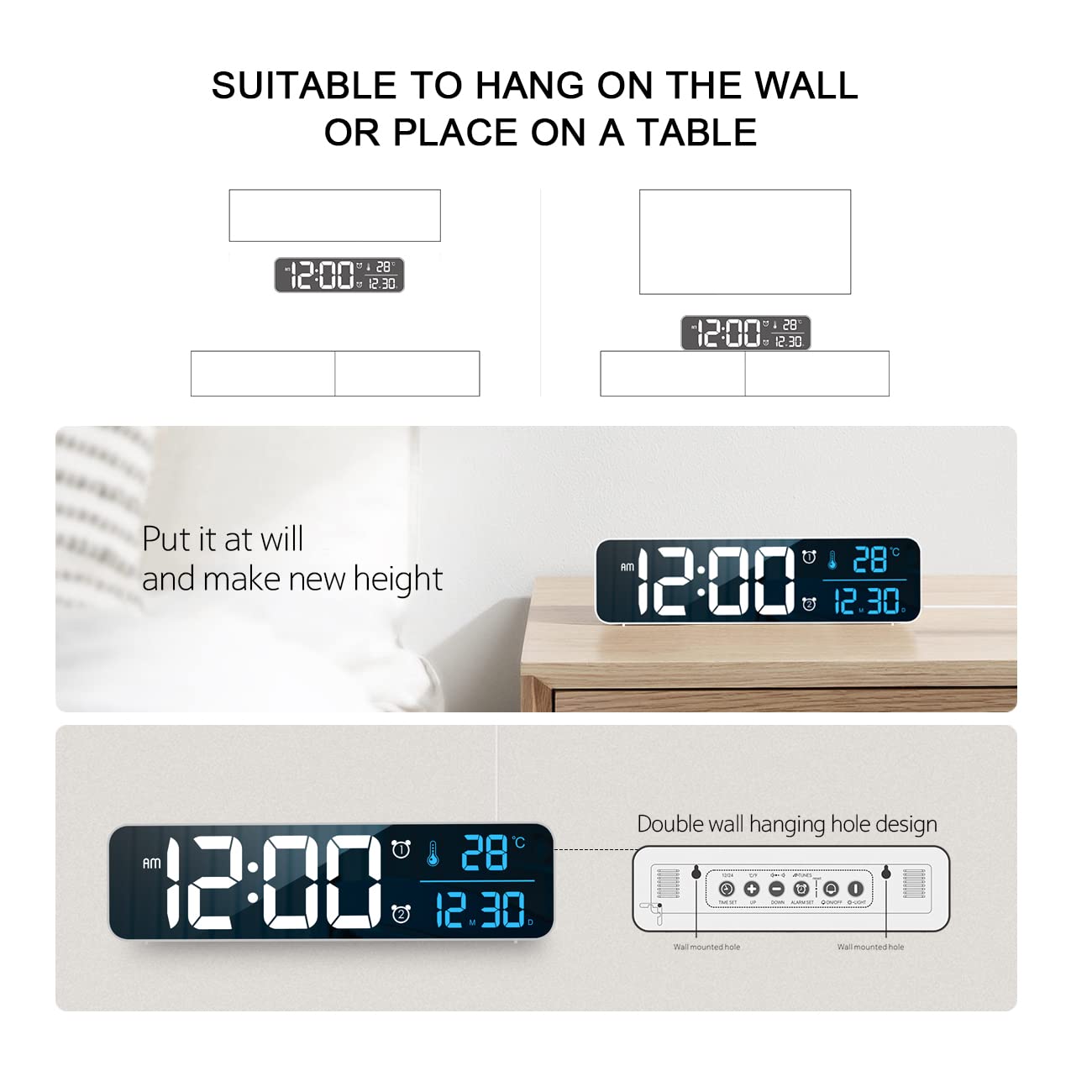 Digital Clock Large Display, Alarm Clock for Living Room Office Bedroom Decor, LED Corded Electric, Date Temp Display Wall Clock, Automatic Brightness Dimmer Smart Cool Modern Desk Accessories Black