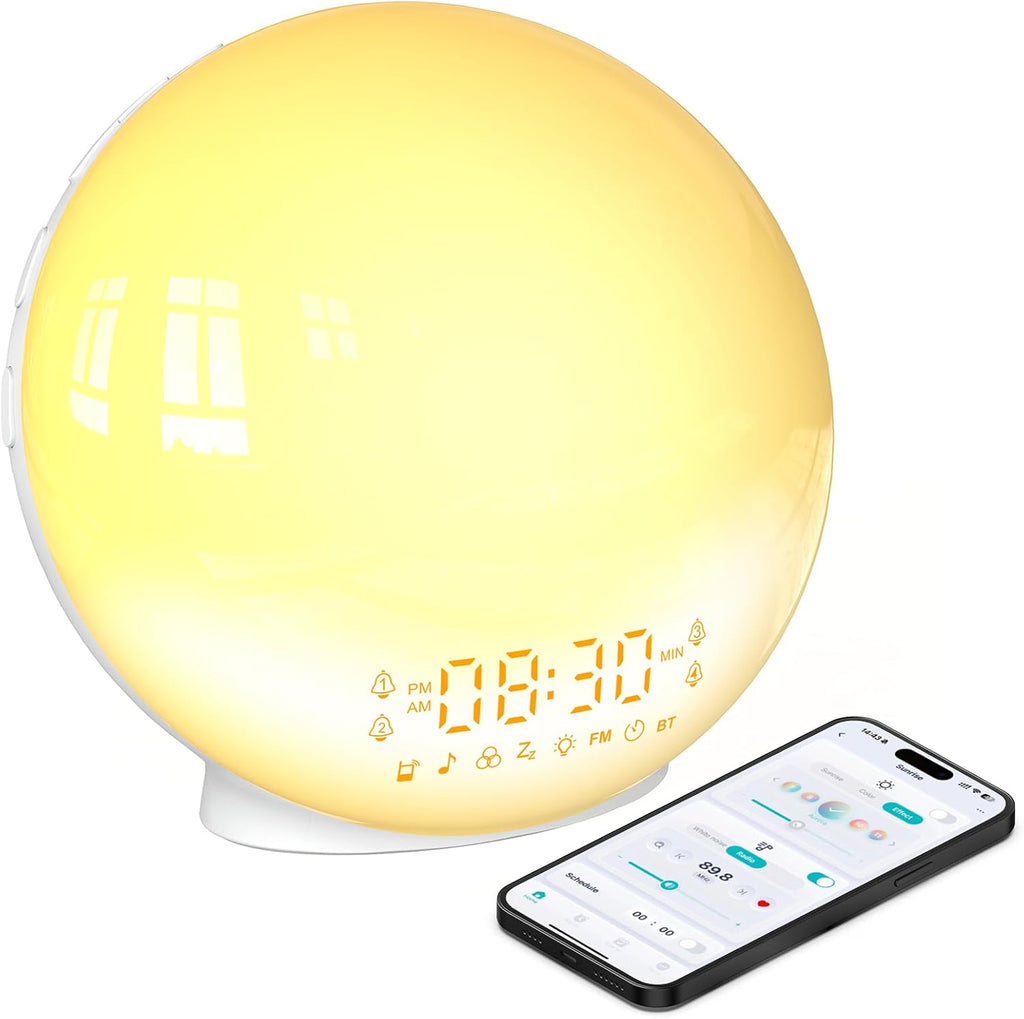 BIB_WJ Smart Sunrise Alarm Clock with No Signup APP Control & Wake-Up Light, 4 Alarms, White Noise, FM Radio, Wireless Speaker, White