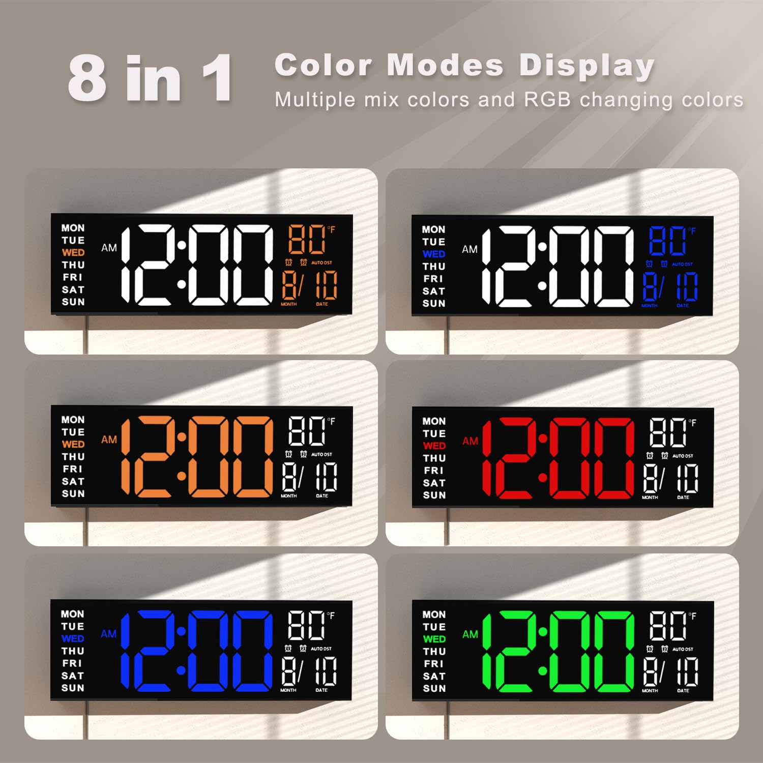 JALL 16" Large Digital Wall Mount Clock, Count Down Timer, Alarm, Big LED, RGB Color, DST, Temperature for Living Room Classroom Desk, Xmas, Birthday Gift for Senior Mom Dad (White Orange, 16 inches)