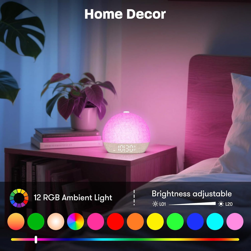 Wake Up Light Sunrise Alarm Clock, White Noise Sound Machine with 30 Soothing Sounds, Dimmable Night Lights, Sleep Aid, Snooze, Timer, Loud Alarm Clock for Heavy Sleepers Adults Kids, Ideal for Gift