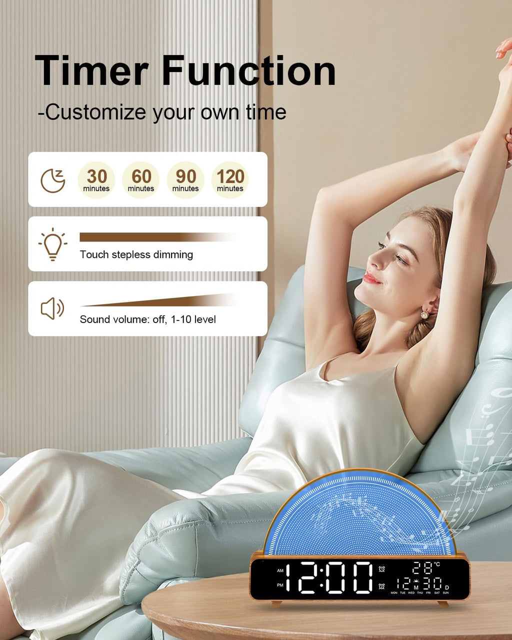 HAODINGMAI Sunrise Alarm Clock Wake Up Light with Sunrise Simulation White Noise Machine Touch Control Bedside Lamps Colors Atmosphere Lamp 30/60/90 Sleep Timer 13 Nature Sounds